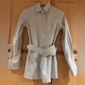 Thomas Pink Blue and White Geometric Belted Shirt